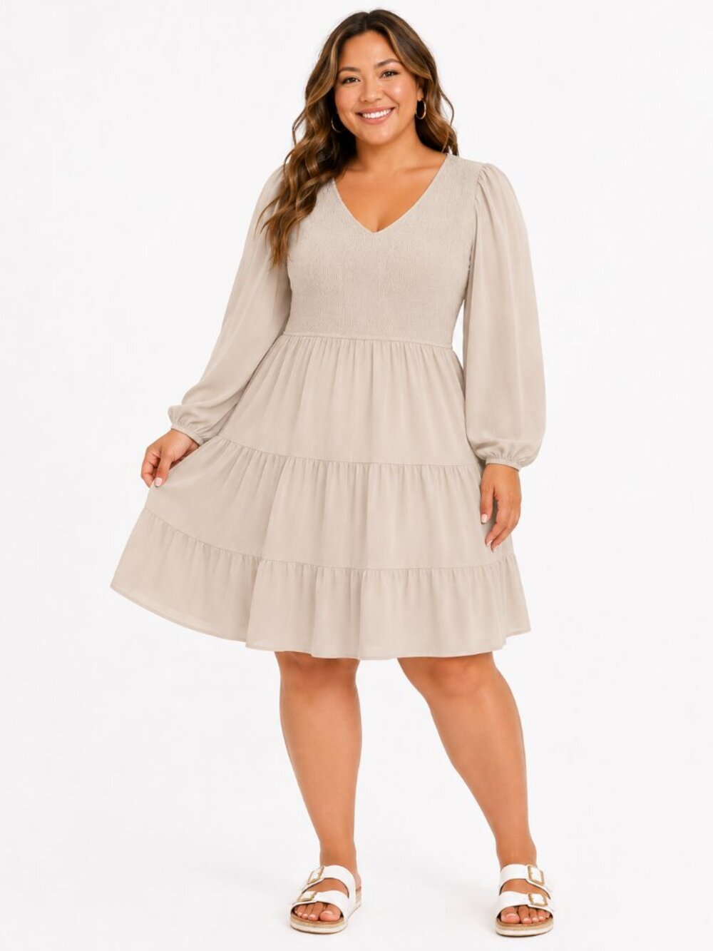 XL Beige Boho Smocked V Neck Long Sleeve Tiered Ruffle A Line Mini Dress NWT